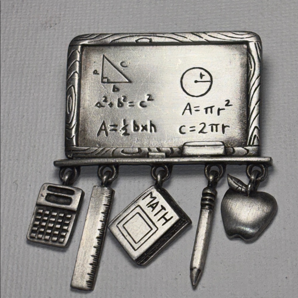 Vintage JJ Jonette Jewelry Pewter Math Teacher Chalkboard Charm Brooch Pin